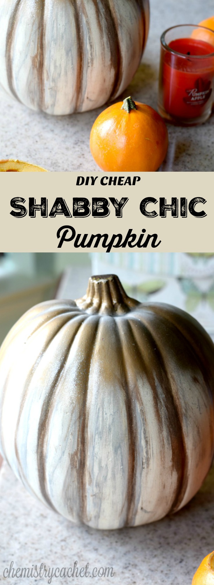 DIY Cheap Shabby Chic Pumpkin Tuturial. Transform anny dollar store pumpkin into a chic pumpkin for fall on chemistrycachet.com