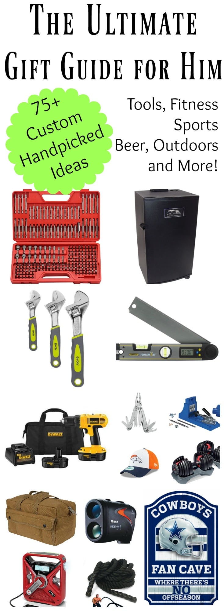 The Ultimate Gift Guide for him! 75+ custom, handpicked ideas for any man in your life from fitness, tools, sports, outdoors to stocking stuffers!