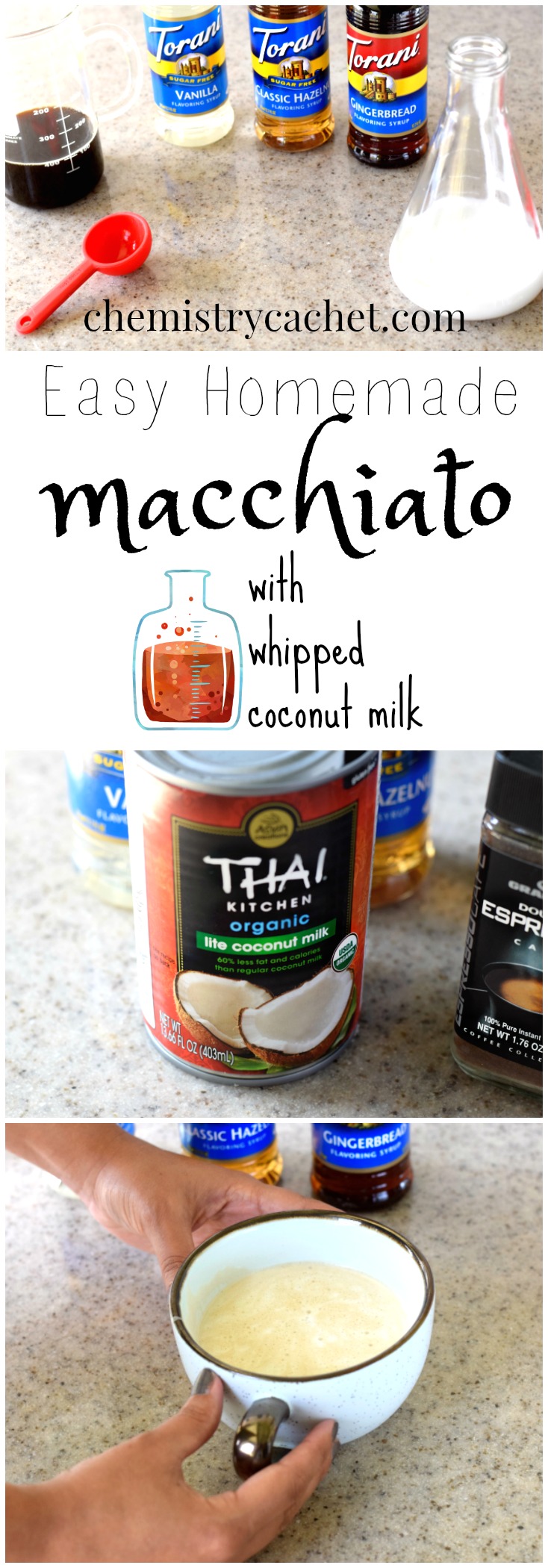 Easy Homemade Macchiato with delicious, easy whipped coconut milk. Different flavor options too! This dairy-free macchiato is just like at the coffee shop. See video and recipe on chemistrycachet.com