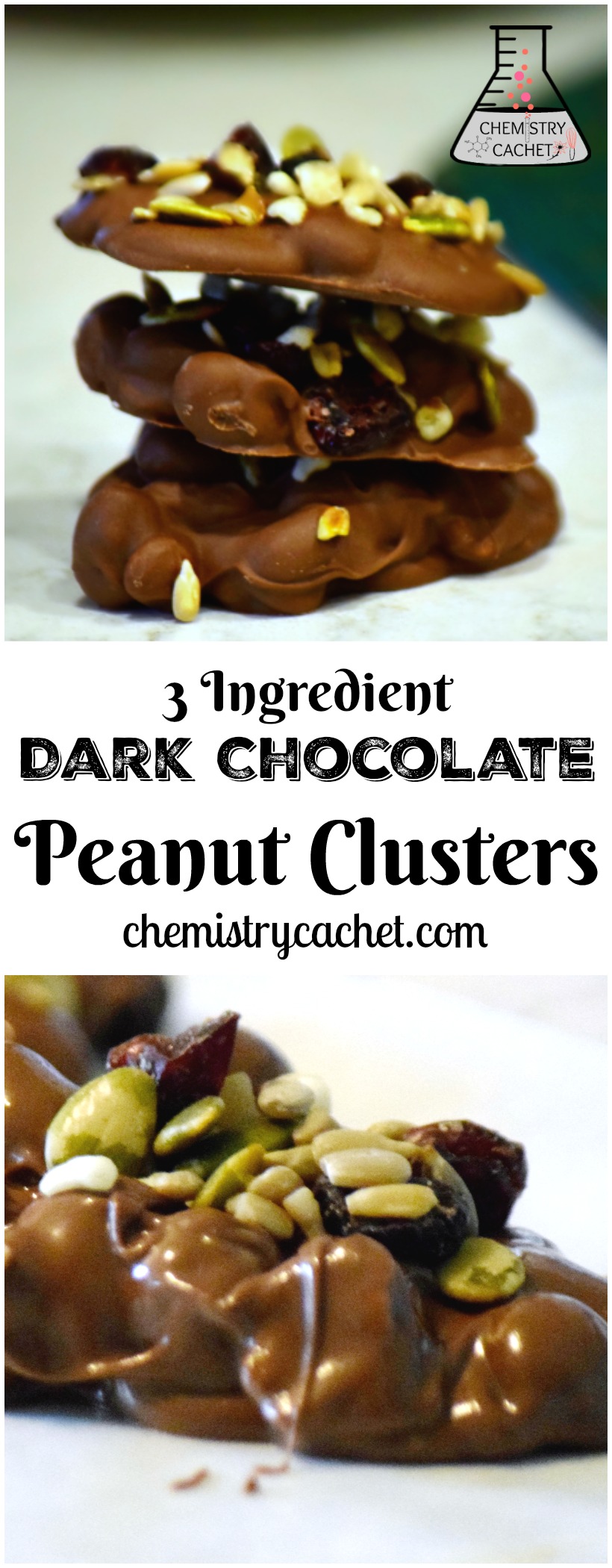 Easy three ingredient dark chocolate peanut clusters. Perfect for NYE or any party! on chemistrycachet.com