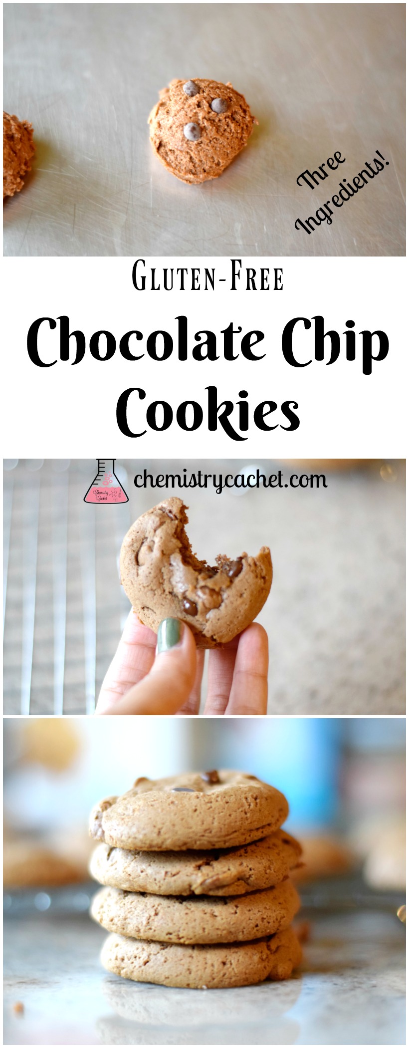 The Easiest Gluten-Free Chocolate Chip Cookies (Only 3 Ingredients!). Easy Gluten-Free Chocolate Chip Cookie Recipe on chemistrycachet.com