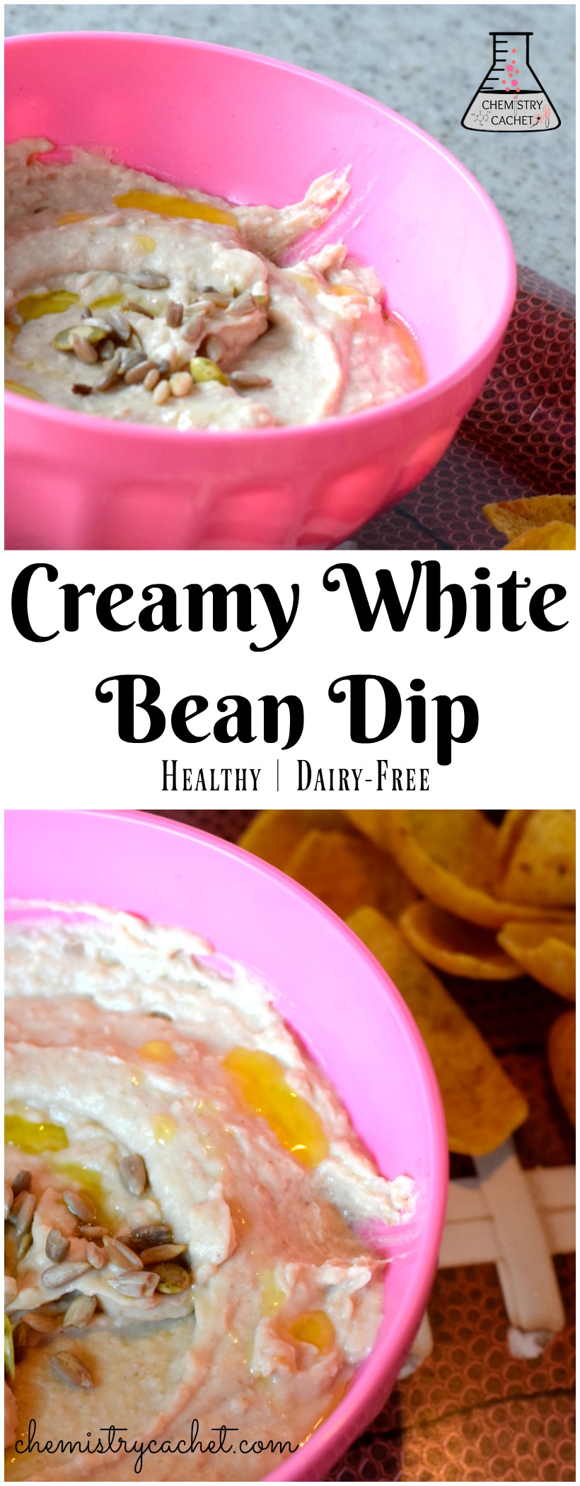 Super creamy healthy white bean dip. Perfect for parties! White bean dip recipe on chemistrycachet.com