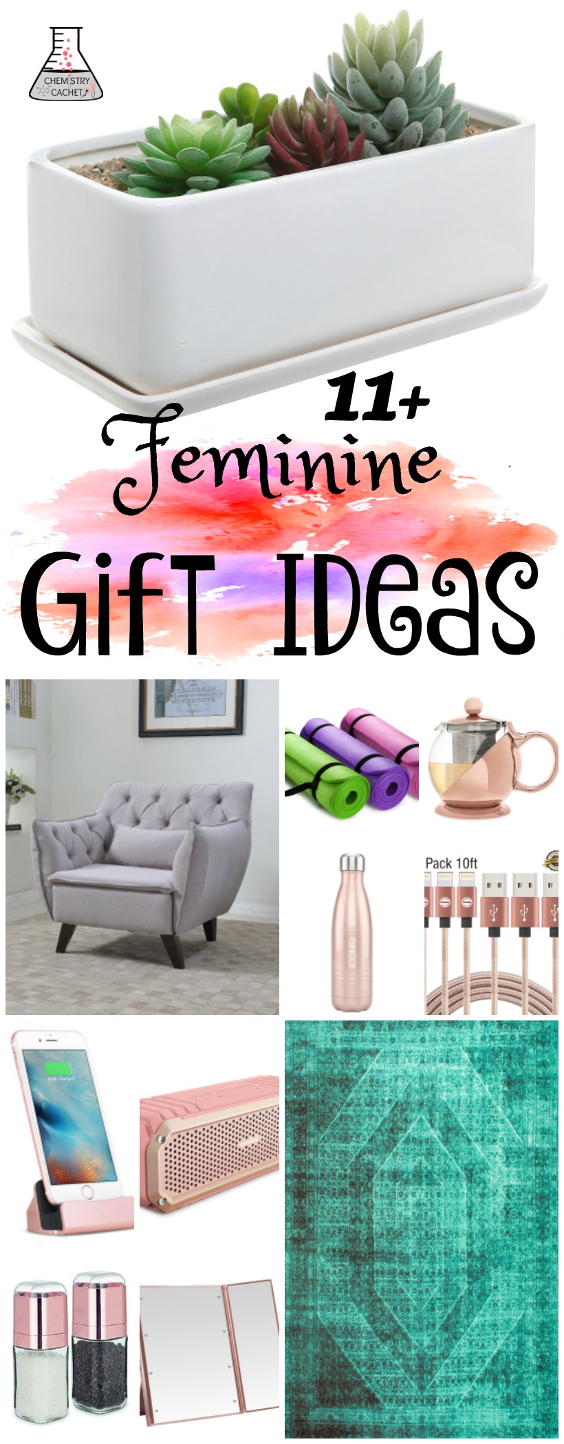 11+ Feminine birthday gift ideas or any occassion. Ranging from a few dollars to more expensive. Great ideas for any woman on chemistrycachet.com