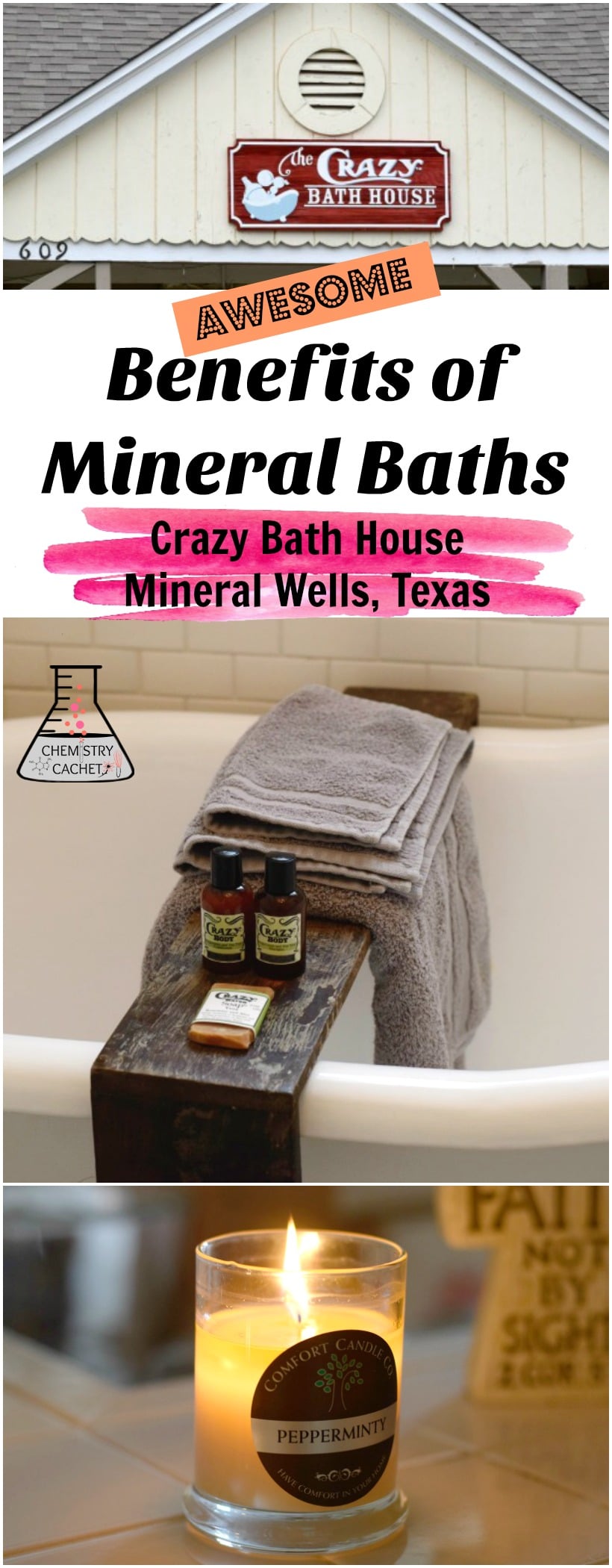 Awesome benefits of mineral baths. Plus a unique old-fashioned bath house experience at the Crazy Bath House in Mineral Wells, Tx on chemistrycachet.com