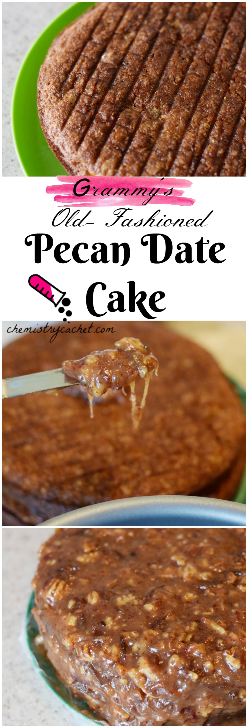 Grammy's old-fashioned pecan date cake. A beautiful, special vintage cake recipe perfect for any occassion! Pecan date cake recipe on chemistrycachet.com