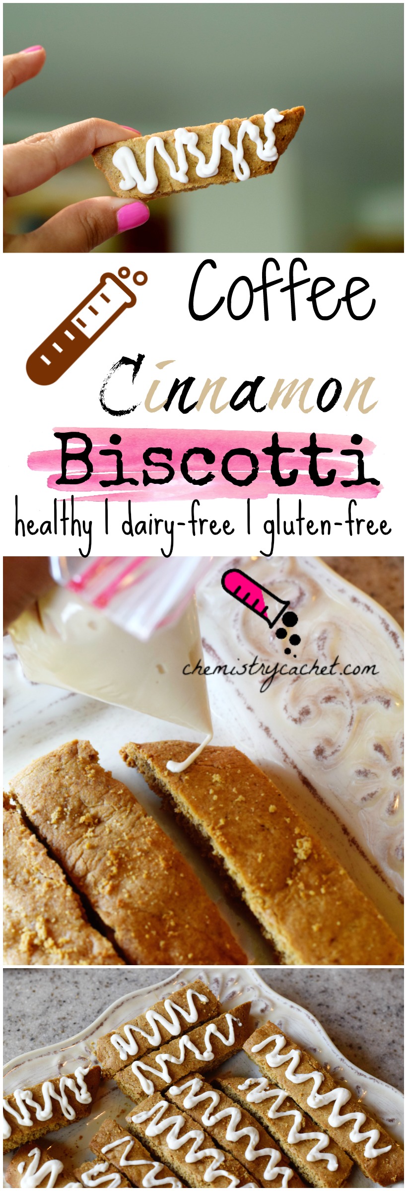 Dairy-free gluten-free cinnamon biscotti with coffee icing. Healthy biscotti recipe on chemistrycachet.com