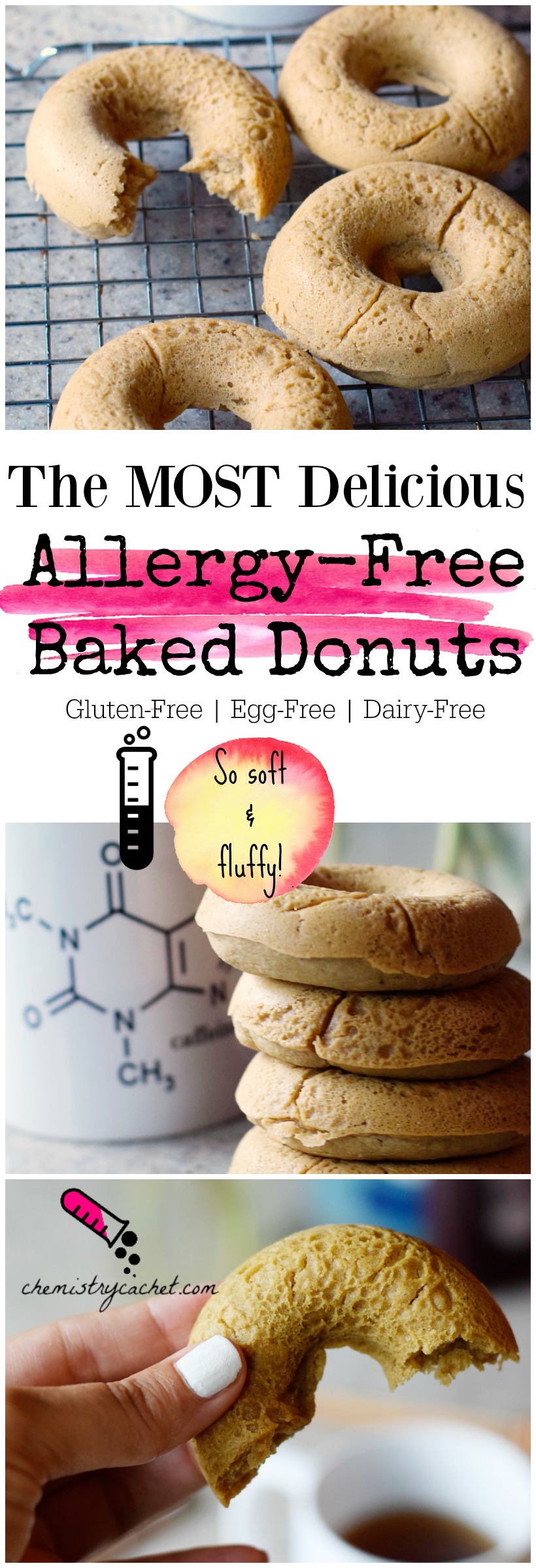 Allergy-Free Baked Donuts. These egg-free donuts are so fluffy, just like cake donuts! Super easy recipe on chemistrycachet.com