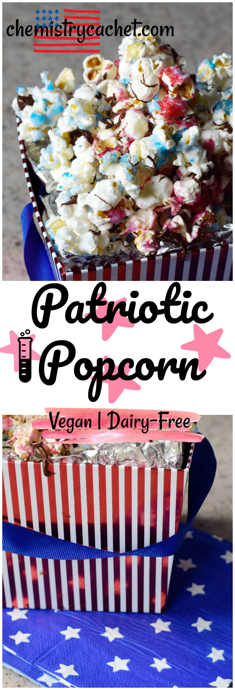 Patriotic popcorn for the 4th of July. Vegan, dairy-free, and natural food dye on chemistrycachet.com