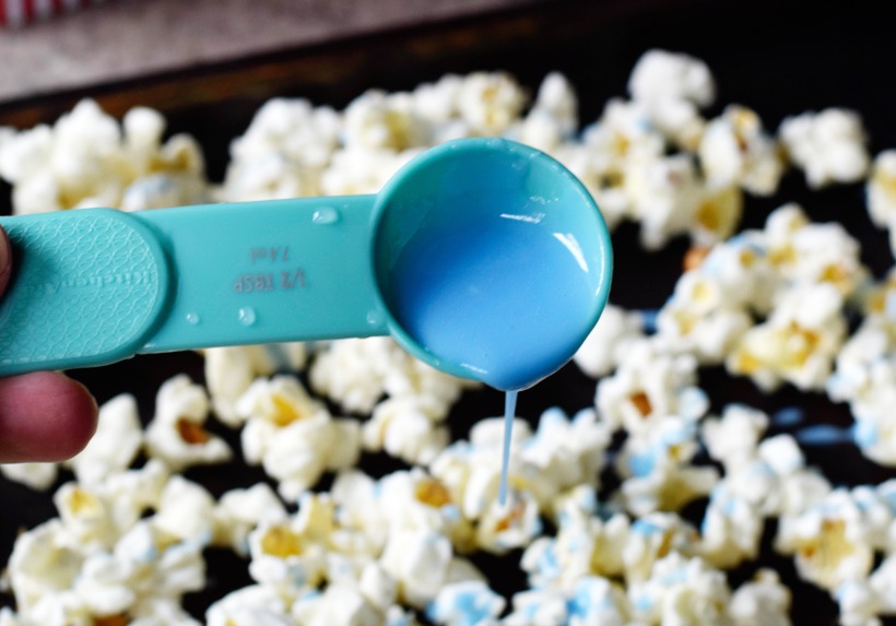 Patriotic popcorn for the 4th of July. Vegan, dairy-free, and natural food dye on 