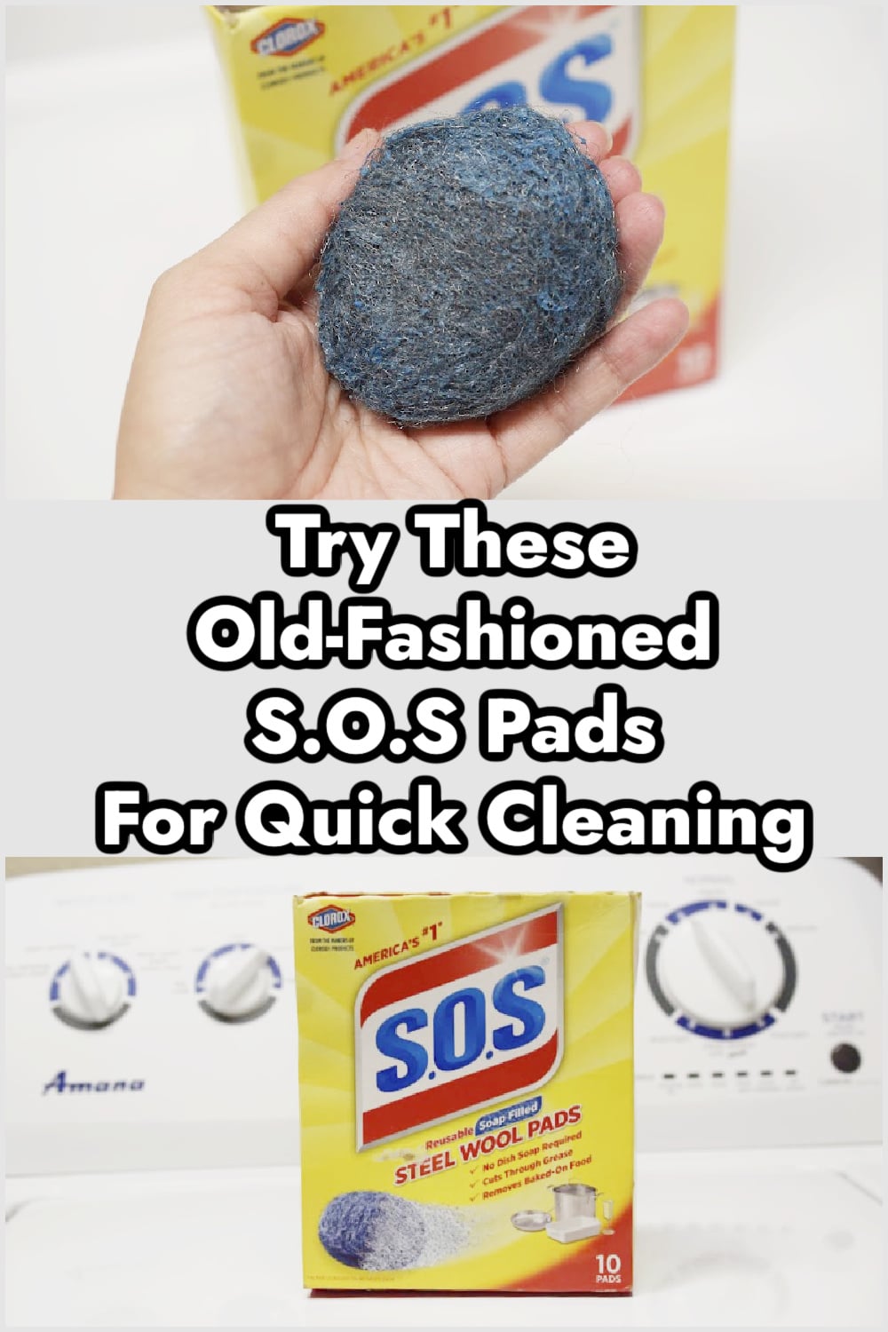 A box of old-fashioned S.O.S pads, steel wool and soap pads sitting on a washing machine
