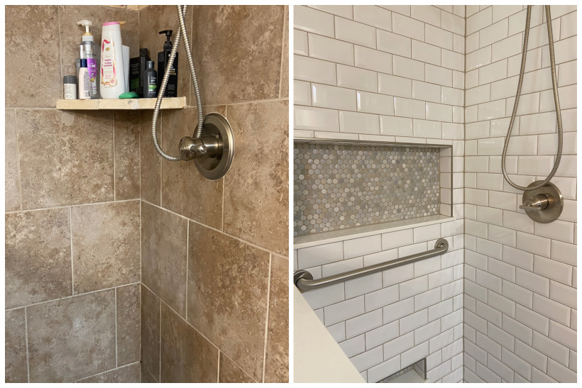 before brown tile in the shower, and after white subway tile with large shampoo niche