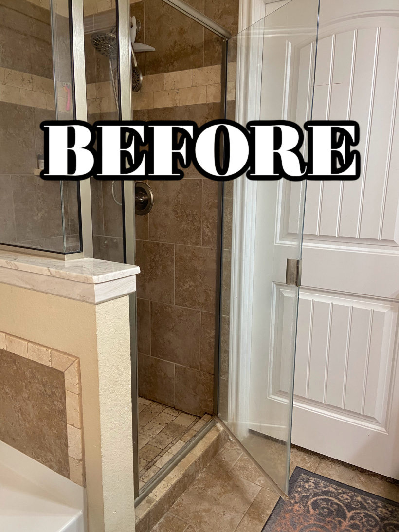 old master shower with brown tile before remodeling