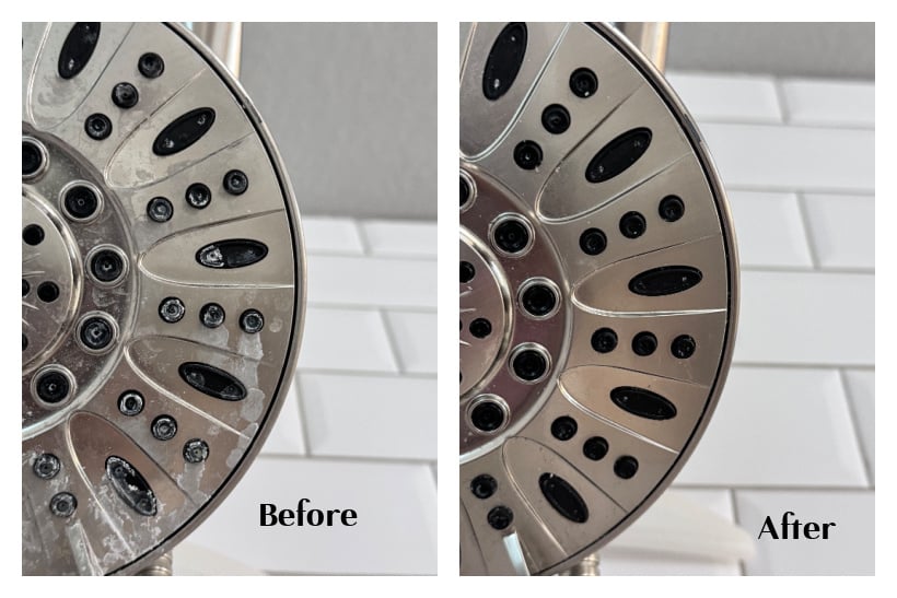 before and after photo of cleaning a shower head with citric acid paste
