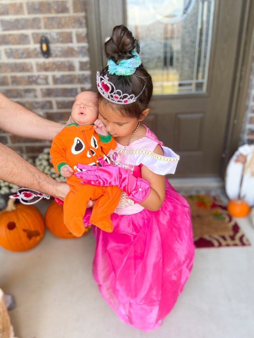 newborn baby pumpkin costume and toddler princess